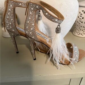 Jimmy Choo Viola 100 Crystal Sandals Ostrich Feather Tassel sz8